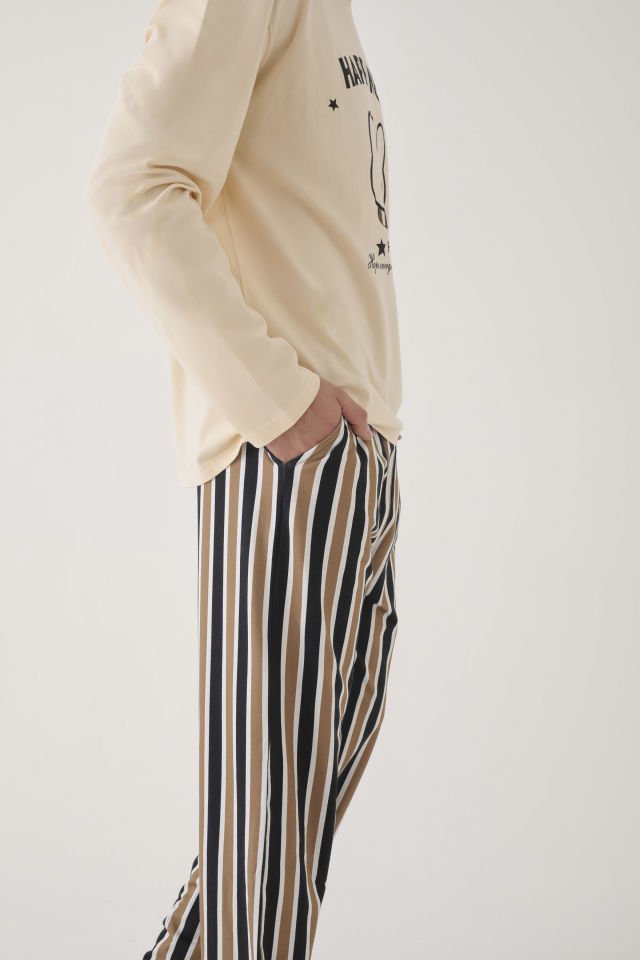 Erkek Pamuklu Uzun Kollu Üst Baskılı Alt Çizgili Cep Detaylı Pijama Takımı XL - Siyah - Kahverengi