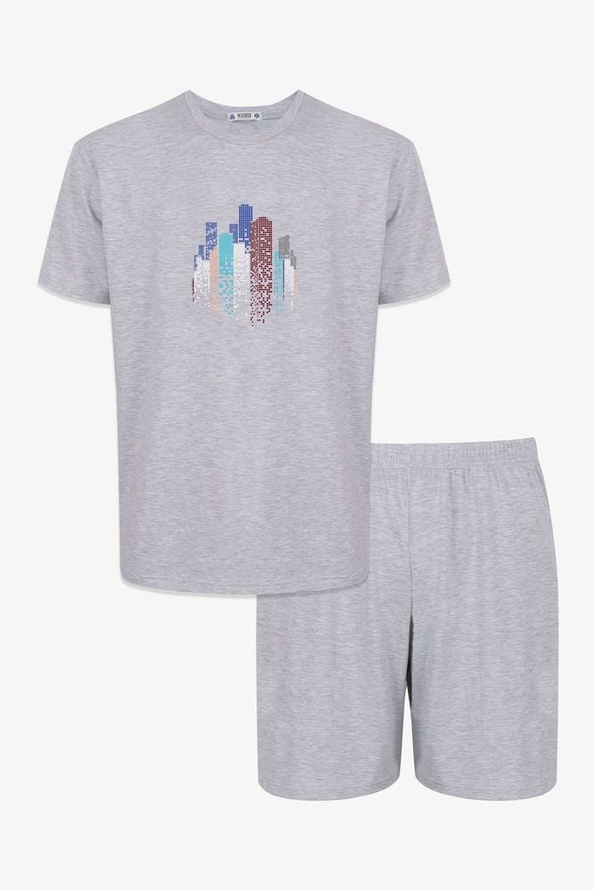 Erkek Gri Melanj Baskılı Şortlu Pijama Takımı KO6305TS-2 Gri Melanj - XL - KO6305TS-2 Gri Melanj - XL