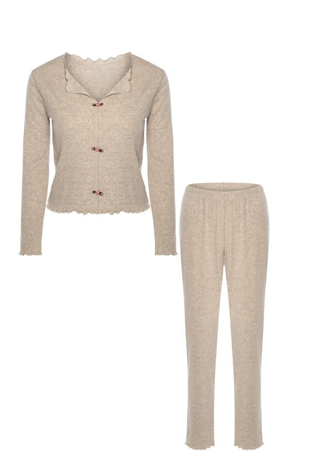 Kadın Pamuklu Çıtır Çiçek Desenli Baby Overloklu Fiyonk Detaylı Uzun Kollu Pijama Takımı Açık Kahverengi - L