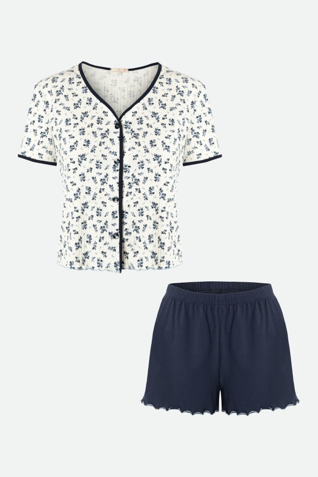 Kadın Çiçek Desenli Ajur Kaşkorse Şortlu Pijama Takımı XL - Ekru - Siyah