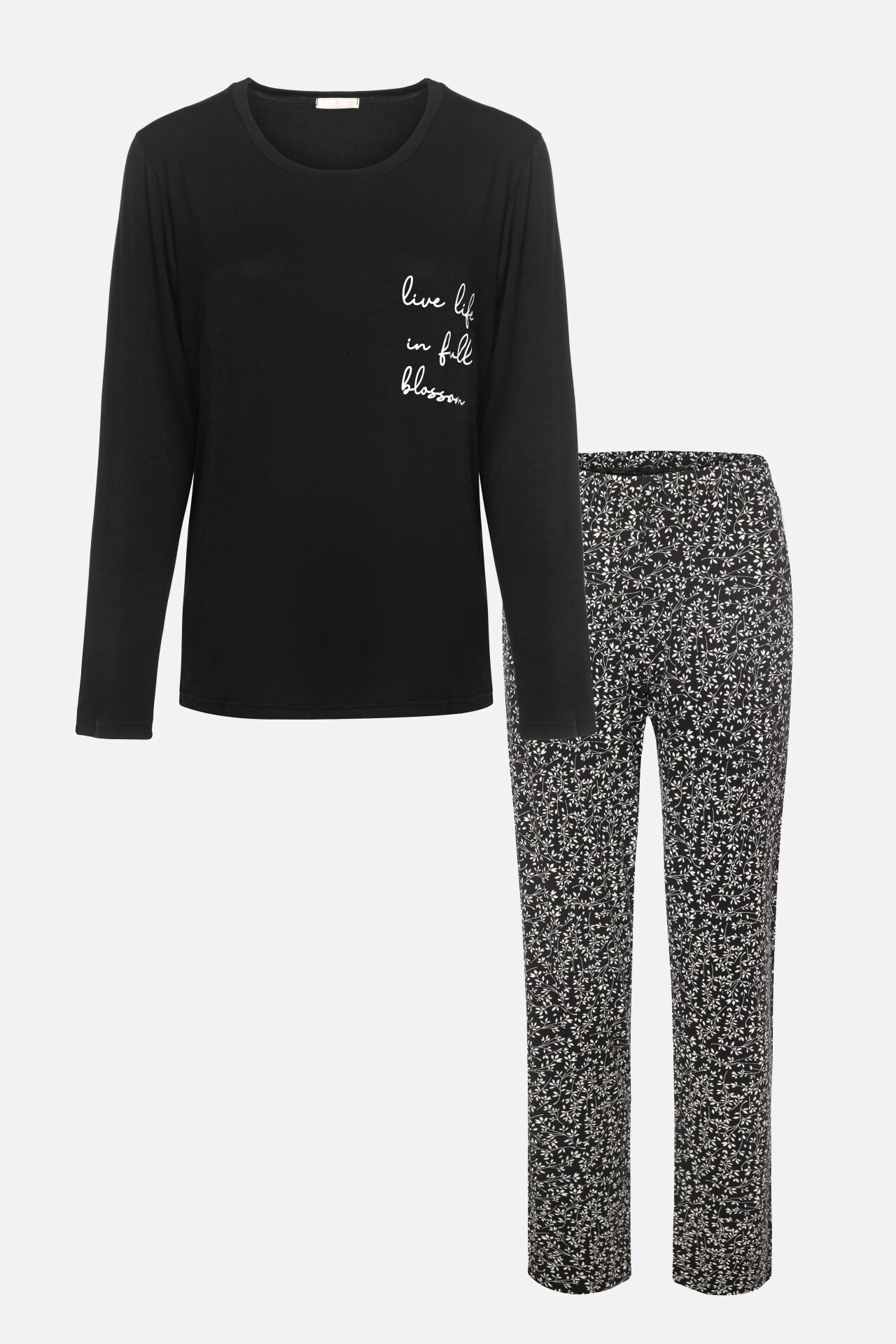 Kadın Baskılı Yaprak Desenli Yumuşak Dokulu Viskon Pijama Takımı 2XL - Siyah - Beyaz