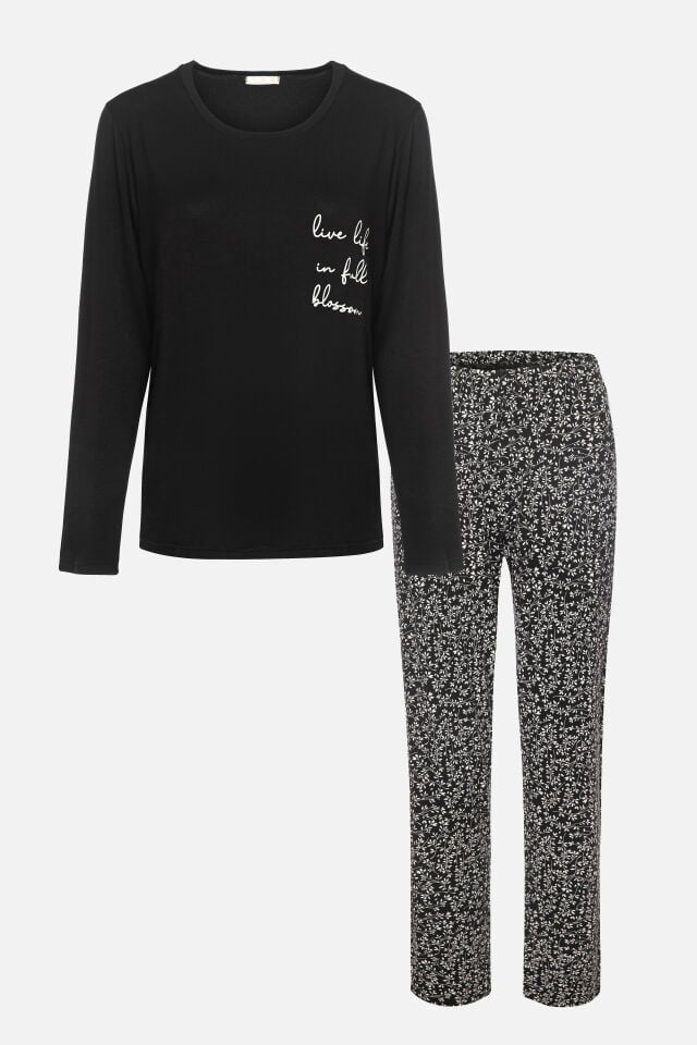 Kadın Baskılı Yaprak Desenli Yumuşak Dokulu Viskon Pijama Takımı 2XL - Siyah - Beyaz