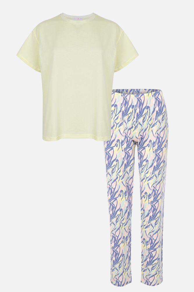 Kadın Pamuklu Basic Pijama Takımı KO7402PJ-1 Limon Sarı Üst Alt Empirme - XL