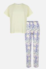Kadın Pamuklu Basic Pijama Takımı KO7402PJ-1 Limon Sarı Üst Alt Empirme - XL