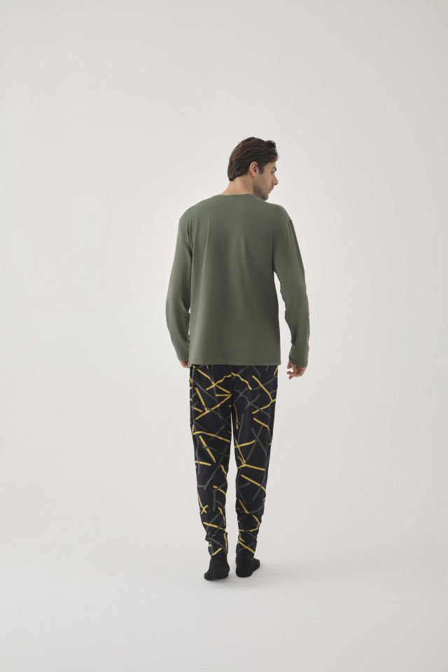 Erkek Pamuklu Uzun Kollu Üst Baskılı Alt Desenli Cepli Pijama Takımı L - Sarı - Vizon