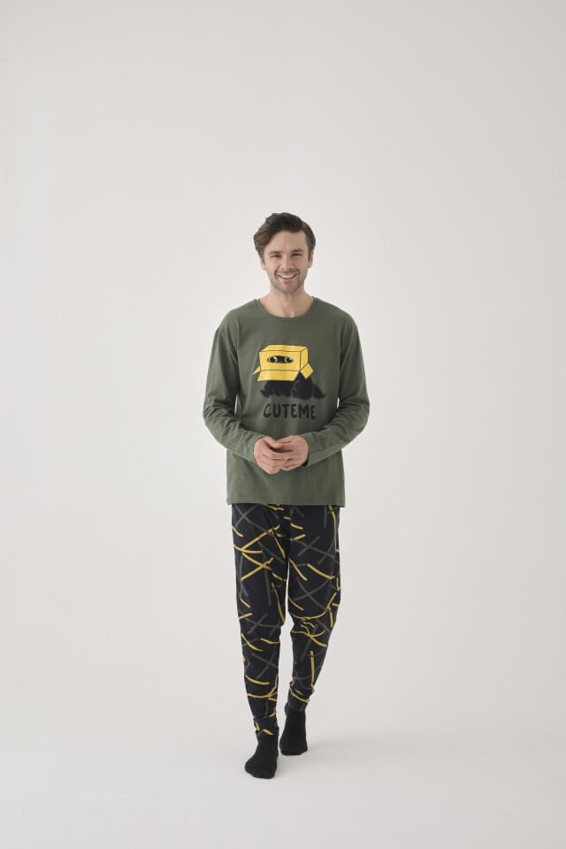 Erkek Pamuklu Uzun Kollu Üst Baskılı Alt Desenli Cepli Pijama Takımı XL - Sarı - Vizon