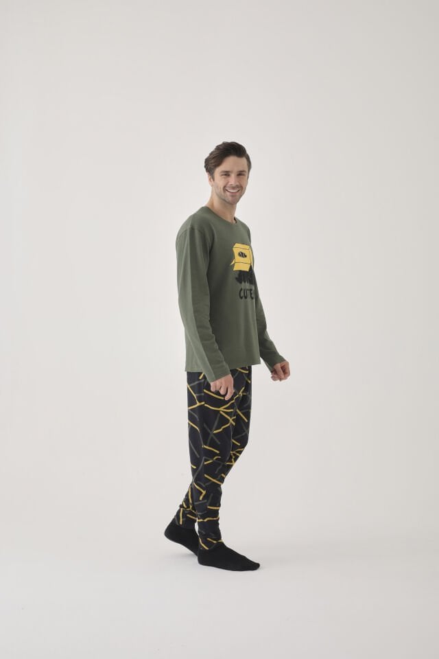 Erkek Pamuklu Uzun Kollu Üst Baskılı Alt Desenli Cepli Pijama Takımı XL - Sarı - Vizon