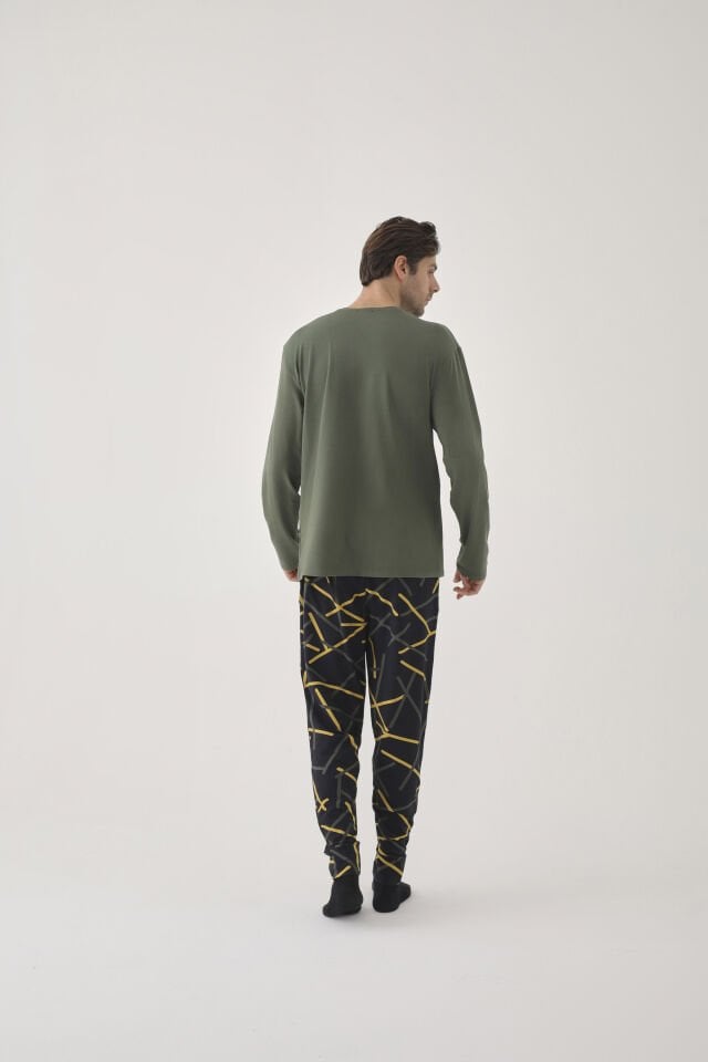 Erkek Pamuklu Uzun Kollu Üst Baskılı Alt Desenli Cepli Pijama Takımı XL - Sarı - Vizon