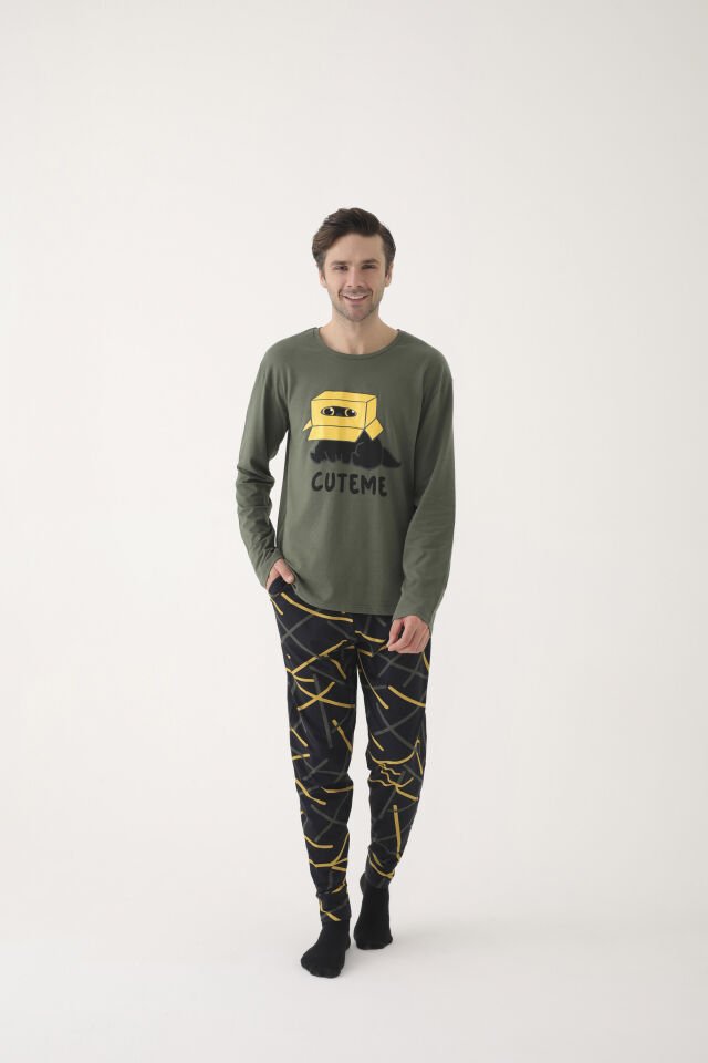 Erkek Pamuklu Uzun Kollu Üst Baskılı Alt Desenli Cepli Pijama Takımı XL - Sarı - Vizon