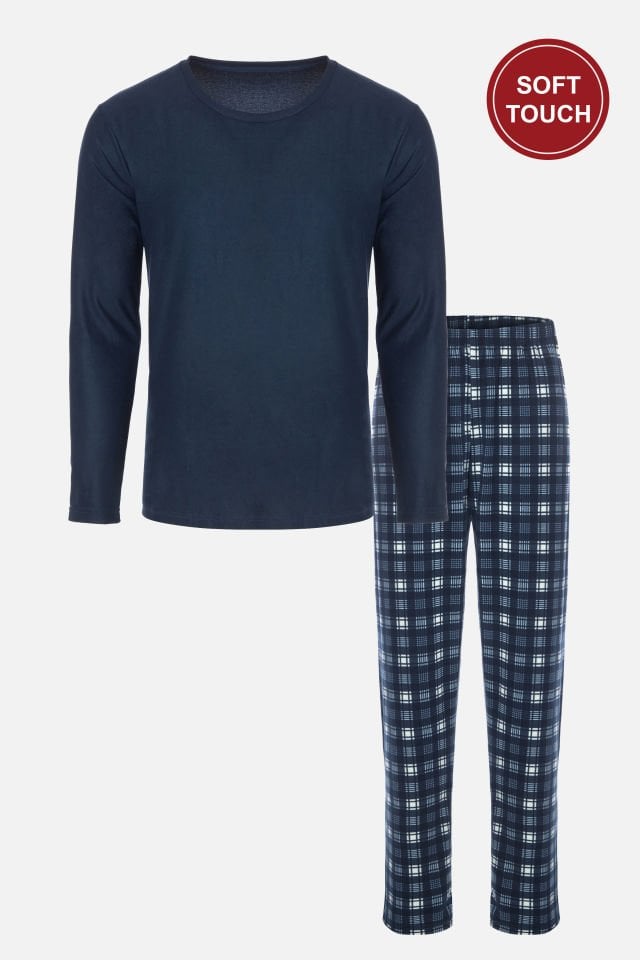 Erkek Soft Touch Uzun Kollu Alt Ekose Desenli Pijama Takımı S/M - Mavi - Beyaz