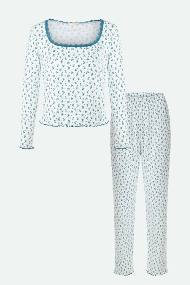 Kadın Kare Dantel Yaka Baby Overloklu Fiyonk Detaylı Pijama Takımı M - Mavi - Beyaz