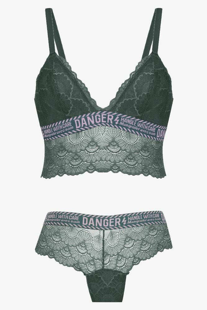 Kadın Danger Yazılı Lastikli Dantelli Büstiyer Takım 80227 Ekru - 80B - 80227 Ekru - 80B