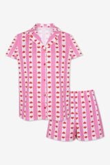 Kadın Pamuklu Kısa Kollu Gömlek Yaka Kalp Desenli Şortlu Pijama Takımı KO7309TS-1 Pembe Büyük Kalp Desenli - M