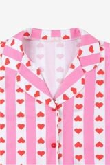 Kadın Pamuklu Kısa Kollu Gömlek Yaka Kalp Desenli Şortlu Pijama Takımı KO7309TS-1 Pembe Büyük Kalp Desenli - M - KO7309TS-1 Pembe Büyük Kalp Desenli - M