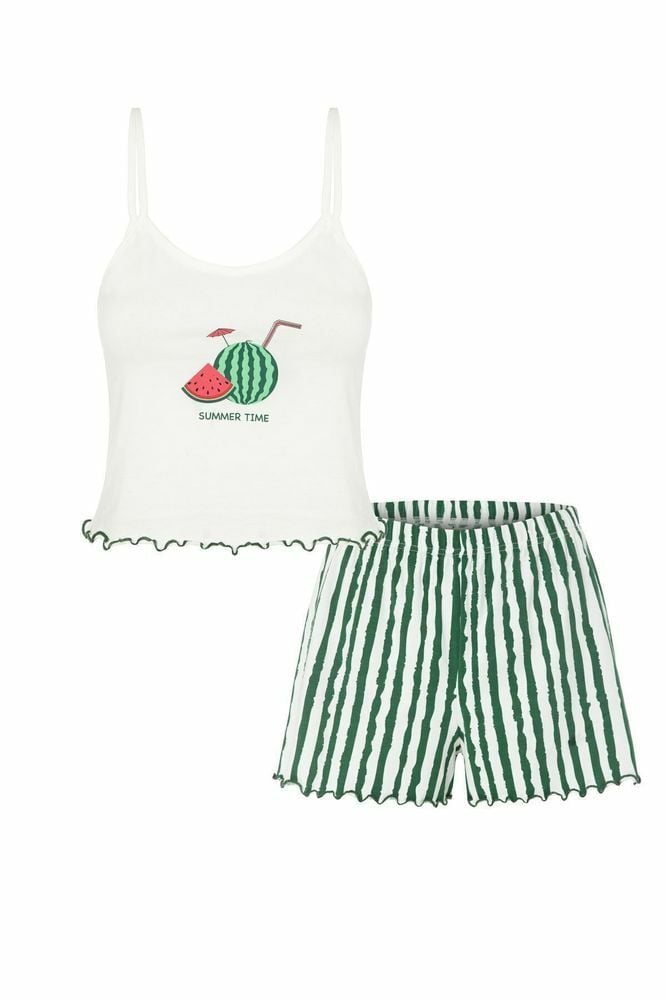 Kadın Pamuklu Baby Overloklu İp Askılı Şortlu Pijama Takımı KO7200Ş-3 Karpuz Desenli - XL