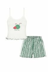 Kadın Pamuklu Baby Overloklu İp Askılı Şortlu Pijama Takımı KO7200Ş-3 Karpuz Desenli - XL