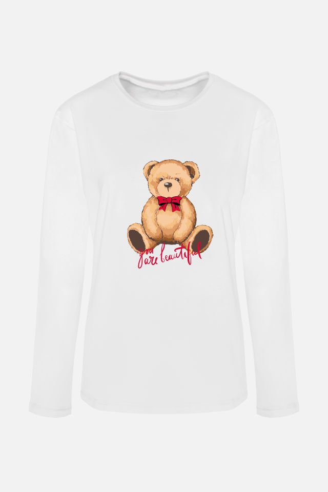 Kadın Soft Touch Pamuklu Uzun Kollu Basic Ayıcık Desenli Pijama Takımı L - Beyaz - Kahverengi