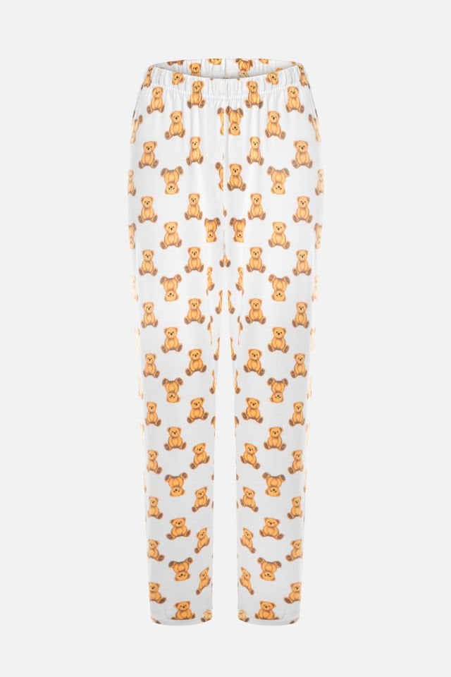 Kadın Soft Touch Pamuklu Uzun Kollu Basic Ayıcık Desenli Pijama Takımı L - Beyaz - Kahverengi