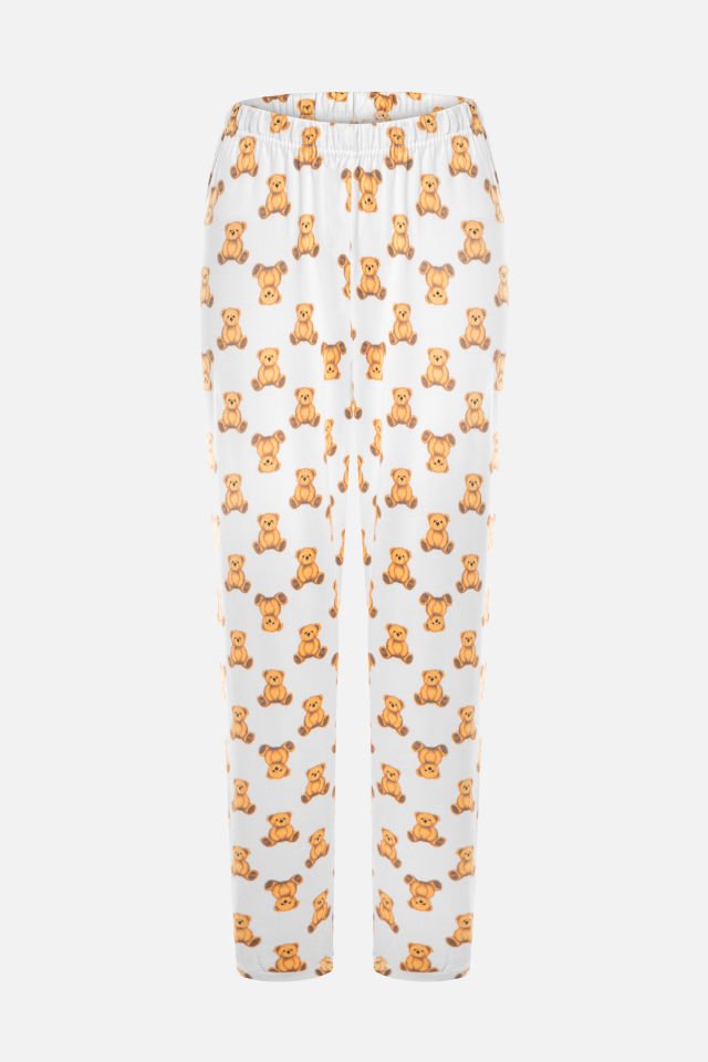Kadın Soft Touch Pamuklu Uzun Kollu Basic Ayıcık Desenli Pijama Takımı XL - Beyaz - Kahverengi