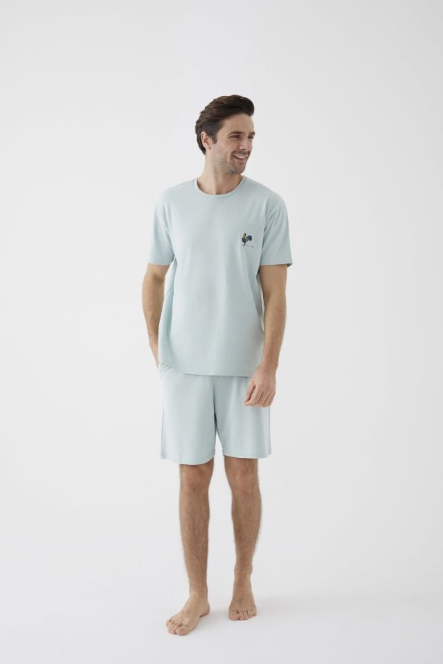 Erkek Pamuklu Horoz Nakışlı Cep Detaylı Şort Takımı L - Yeşil