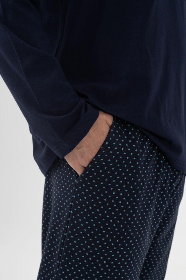 Erkek Pamuklu, Likralı, Yaka Düğmeli Uzun Kollu ve Cep Detaylı Puan Desenli Pijama Takımı S - Lacivert