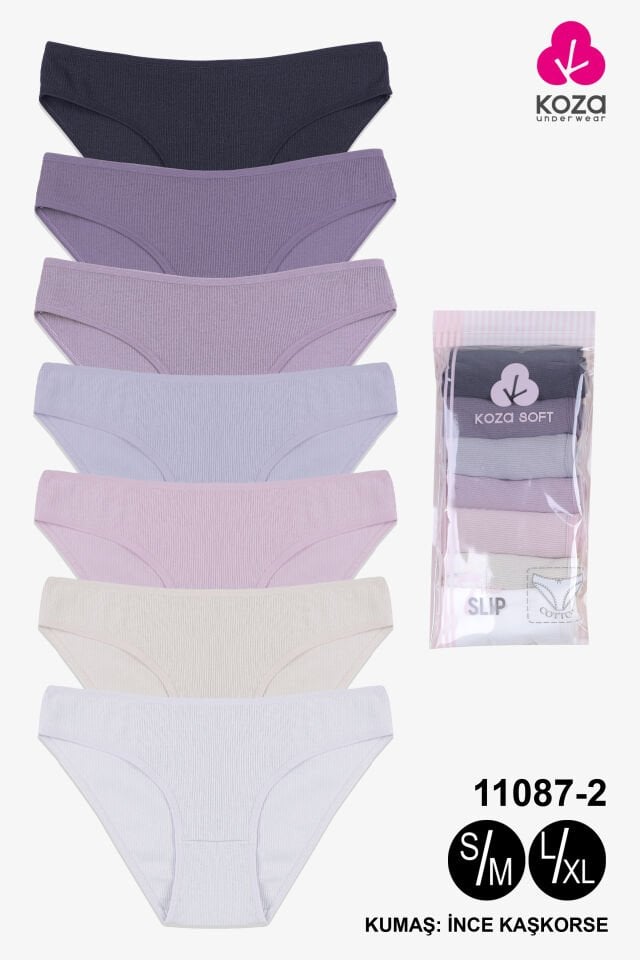 Kadın Külot 7 li Pamuklu Etiket Detaylı Fitilli Ribana Ekru - Lila - L - XL
