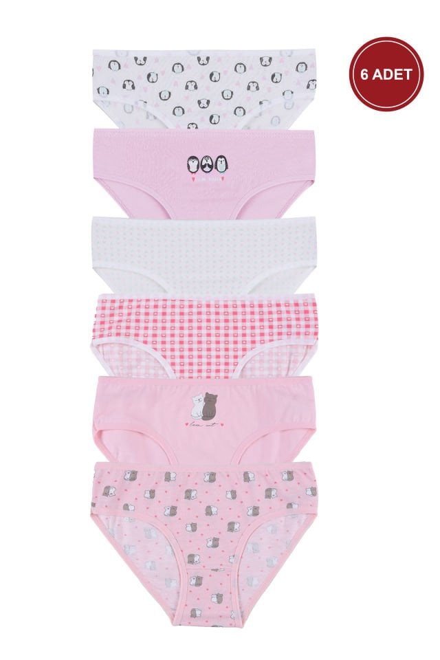 Kız Çocuk 6'lı Desenli Slip Pembe -  Beyaz - 7-9 Yaş