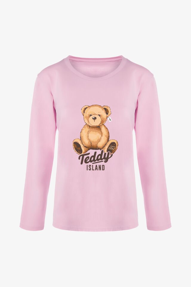 Kadın Soft Touch Pamuklu Ayıcık Desenli Pijama Takımı M - Pudra- Kahverengi