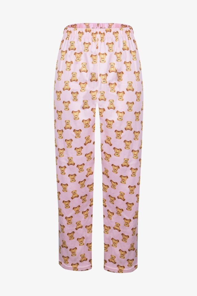 Kadın Soft Touch Pamuklu Ayıcık Desenli Pijama Takımı L - Pudra- Kahverengi