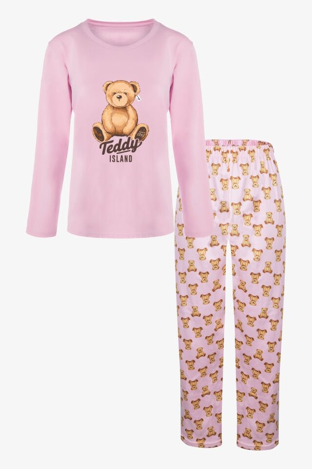 Kadın Soft Touch Pamuklu Ayıcık Desenli Pijama Takımı XL - Pudra- Kahverengi