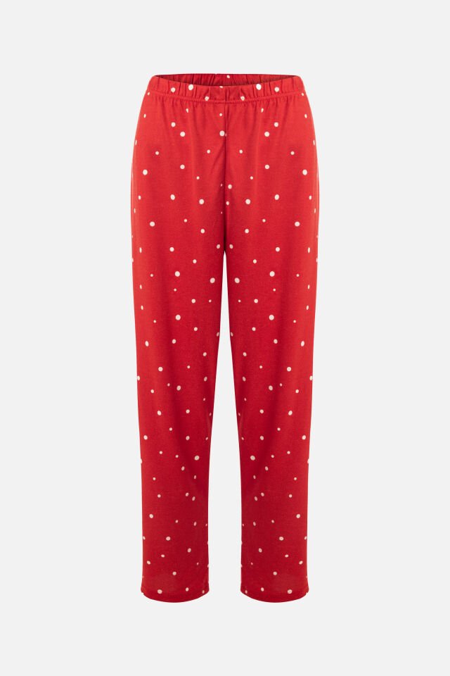 Kadın Soft Touch Kırmızı Puanlı Desenli Gömlek Yaka Uzun Kollu Pijama Takımı L - Kırmızı- Beyaz