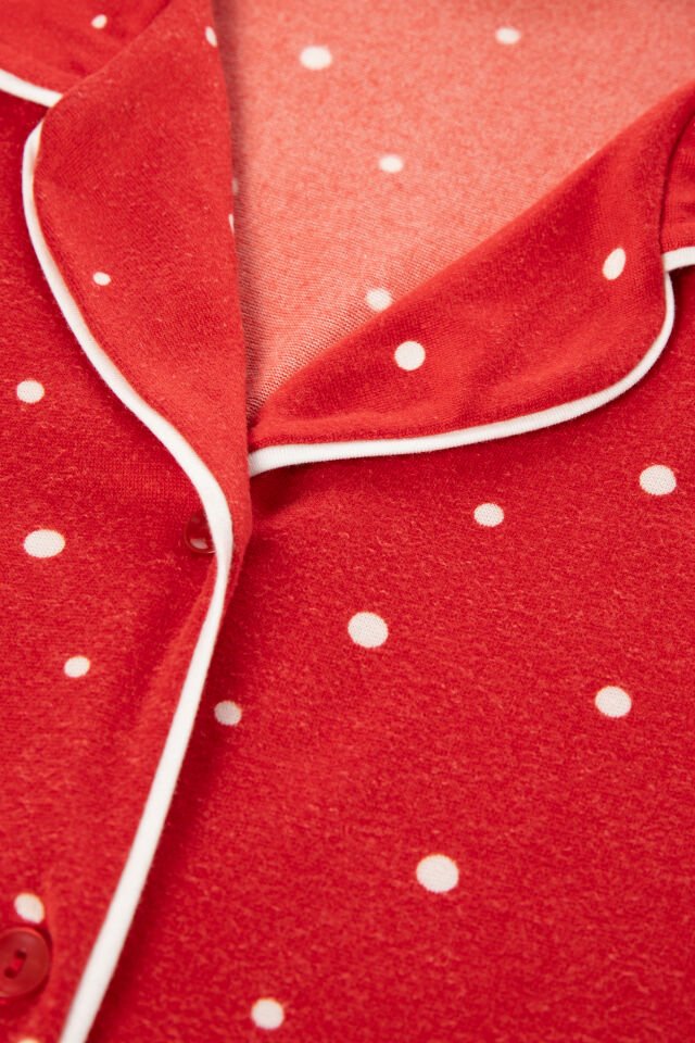 Kadın Soft Touch Kırmızı Puanlı Desenli Gömlek Yaka Uzun Kollu Pijama Takımı L - Kırmızı- Beyaz