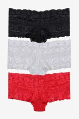 Kadın 3'lü Dantelli Şort Boxer Külot 50335 siyah-ekru-kırmızı - S/M