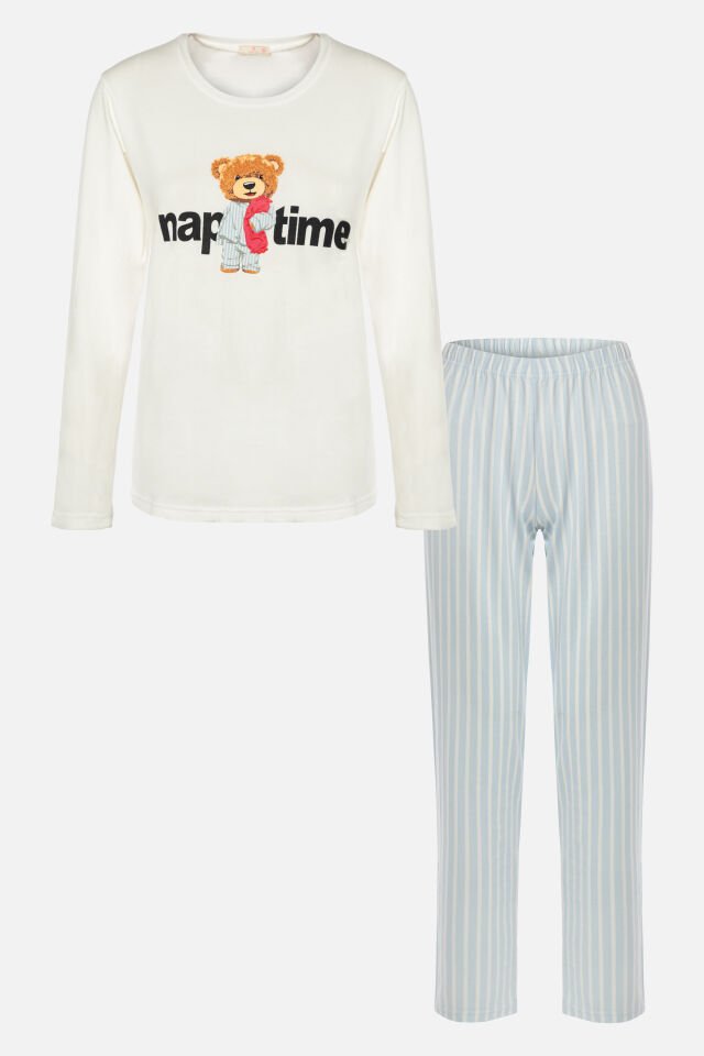 Kadın Pamuklu Uzun Kollu Üst Baskılı Alt Çizgili Pijama Takımı S - Mavi - Beyaz