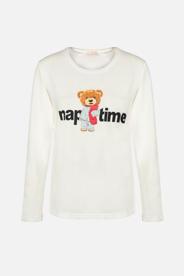 Kadın Pamuklu Uzun Kollu Üst Baskılı Alt Çizgili Pijama Takımı S - Mavi - Beyaz
