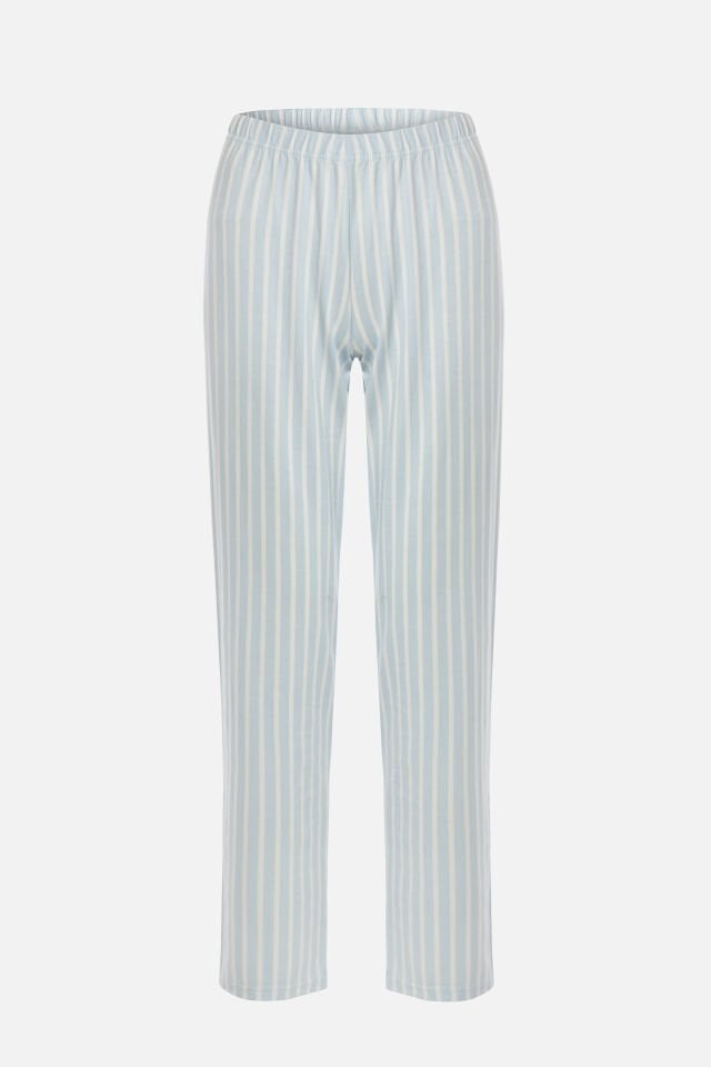 Kadın Pamuklu Uzun Kollu Üst Baskılı Alt Çizgili Pijama Takımı S - Mavi - Beyaz