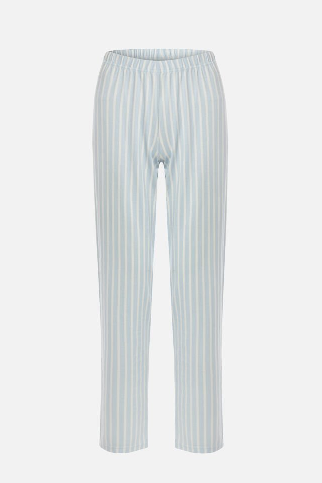 Kadın Pamuklu Uzun Kollu Üst Baskılı Alt Çizgili Pijama Takımı L - Mavi - Beyaz