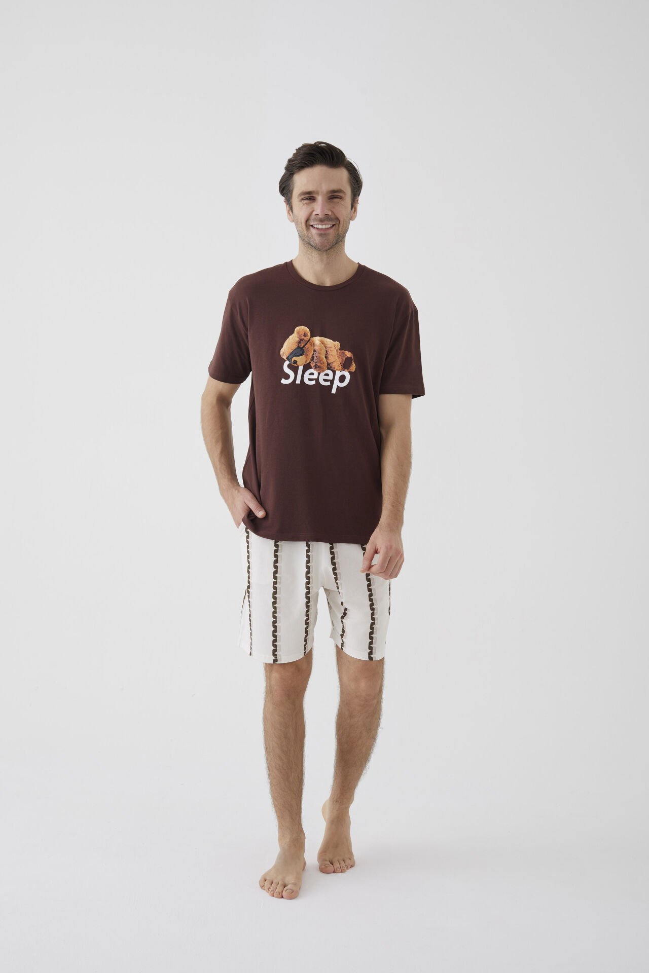 Erkek Kısa Kollu Pamuklu Ayıcık Desenli Şortlu Pijama Takımı S - Ekru - Kahverengi