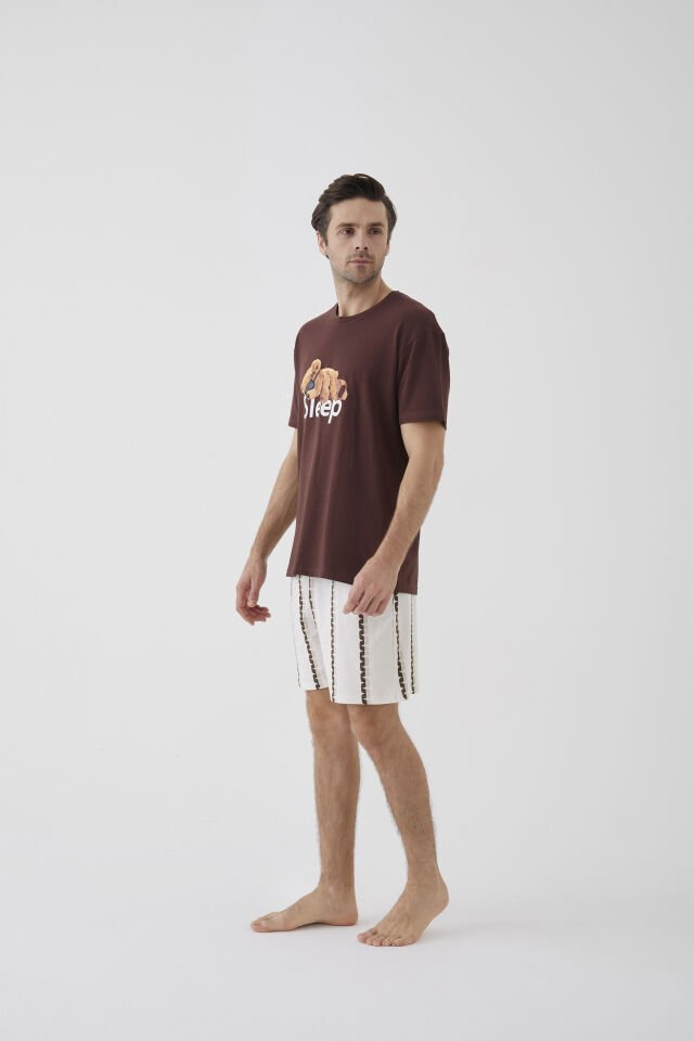 Erkek Kısa Kollu Pamuklu Ayıcık Desenli Şortlu Pijama Takımı S - Ekru - Kahverengi