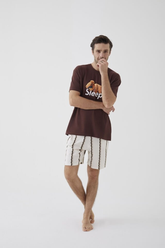 Erkek Kısa Kollu Pamuklu Ayıcık Desenli Şortlu Pijama Takımı S - Ekru - Kahverengi
