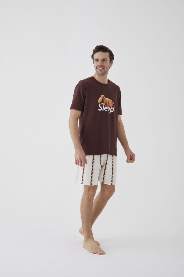 Erkek Kısa Kollu Pamuklu Ayıcık Desenli Şortlu Pijama Takımı S - Ekru - Kahverengi