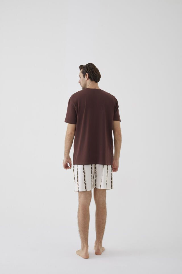 Erkek Kısa Kollu Pamuklu Ayıcık Desenli Şortlu Pijama Takımı S - Ekru - Kahverengi