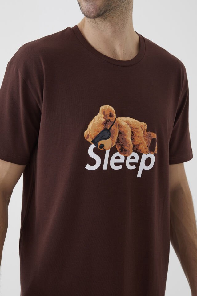Erkek Kısa Kollu Pamuklu Ayıcık Desenli Şortlu Pijama Takımı S - Ekru - Kahverengi