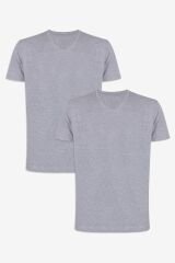 Erkek Pamuklu V Yaka Kısa Kollu Tişört 2 Adet gri melanj- gri melanj - 2XL - 2XL - gri melanj- gri melanj