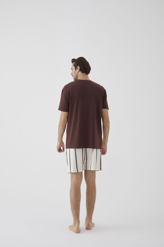 Erkek Kısa Kollu Pamuklu Ayıcık Desenli Şortlu Pijama Takımı XL - Ekru - Kahverengi