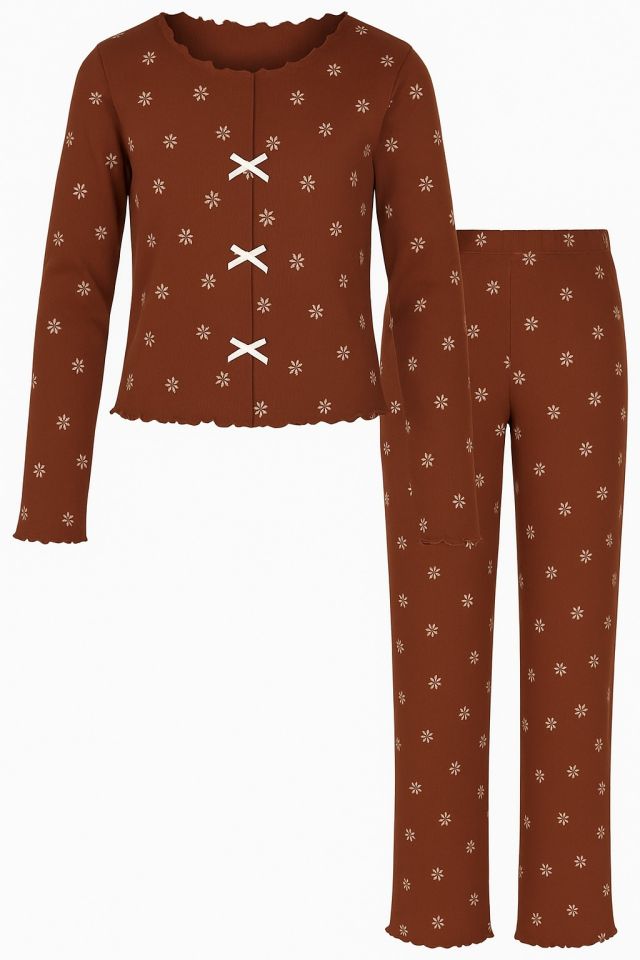 Kadın Pamuklu Çıtır Çiçek Desenli Baby Overloklu Fiyonk Detaylı Uzun Kollu Pijama Takımı XL - Kaverengi