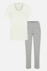 Kadın V Yaka Kısa Kollu Yıldız Desenli Pijama Takımı KO7307TS-1 - XL