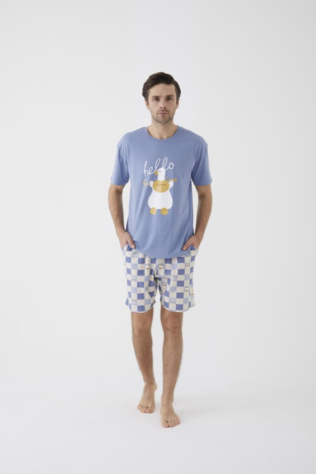 Erkek Kısa Kollu Pamuklu Ekose Desenli Ördek Baskılı Şortlu Pijama Takımı L - Mavi - Ekru