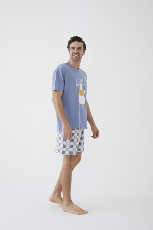 Erkek Kısa Kollu Pamuklu Ekose Desenli Ördek Baskılı Şortlu Pijama Takımı XL - Mavi - Ekru