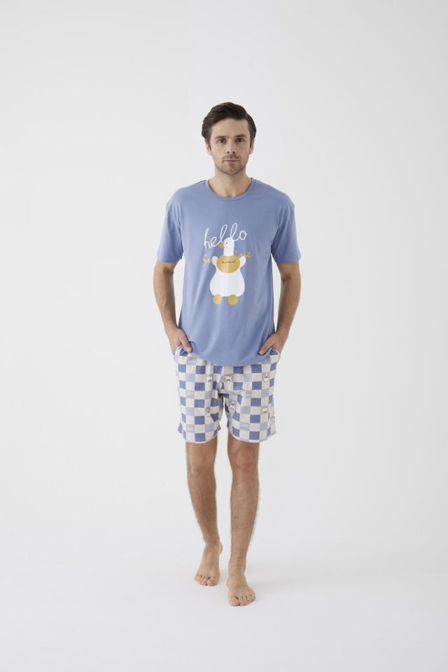 Erkek Kısa Kollu Pamuklu Ekose Desenli Ördek Baskılı Şortlu Pijama Takımı XL - Mavi - Ekru